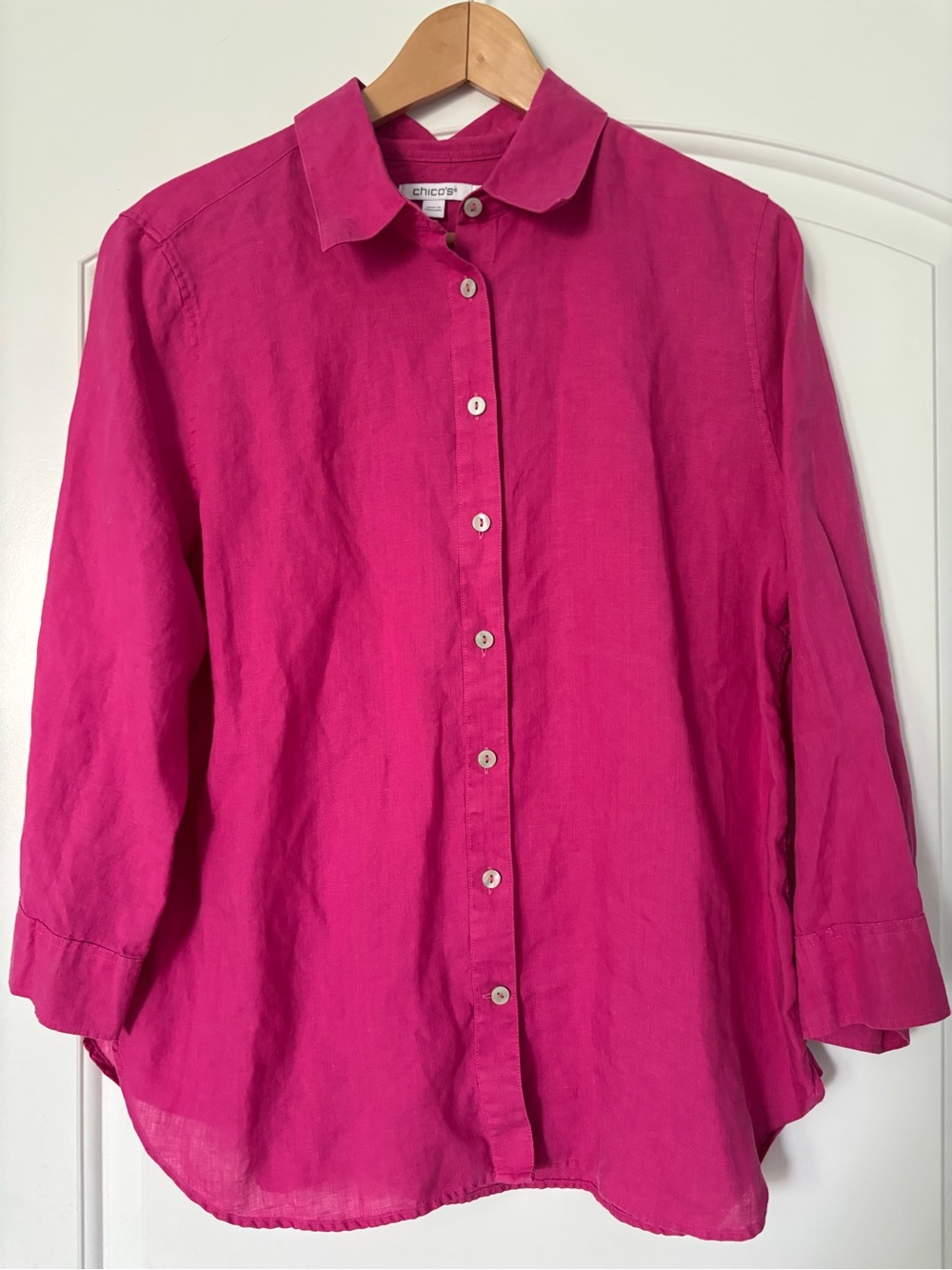 Chico’s women’s 100% linen size 10 bright pink button down blouse